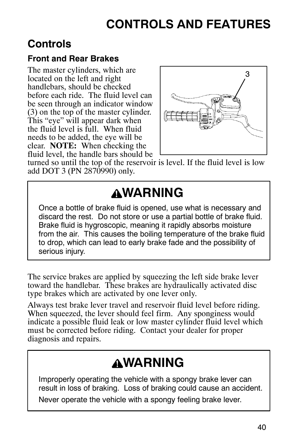 Warning, Controls and features, Controls | Polaris 2002 ATV Sportsman 6X6 User Manual | Page 43 / 131