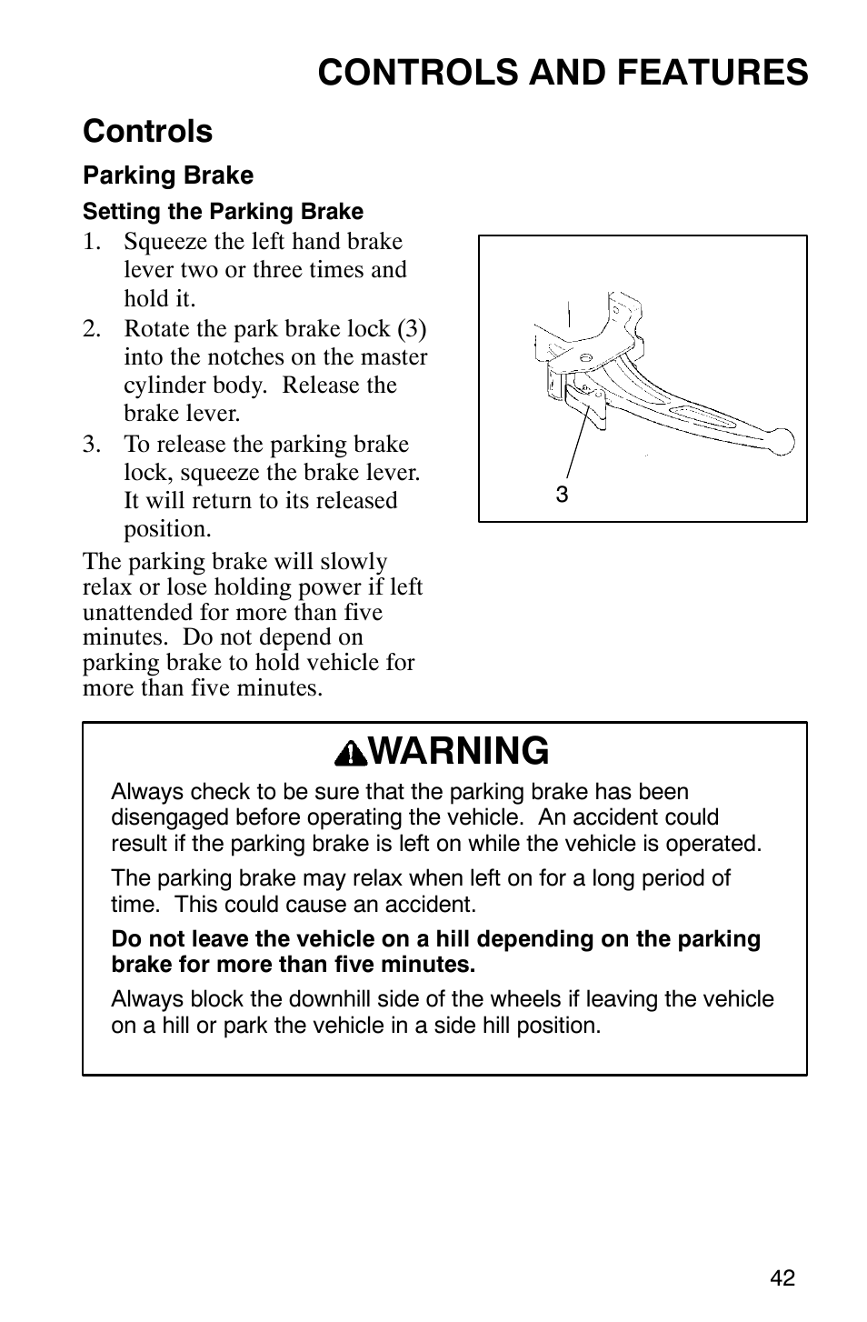 Warning, Controls and features, Controls | Polaris 2002 ATV Sportsman 6X6 User Manual | Page 45 / 131