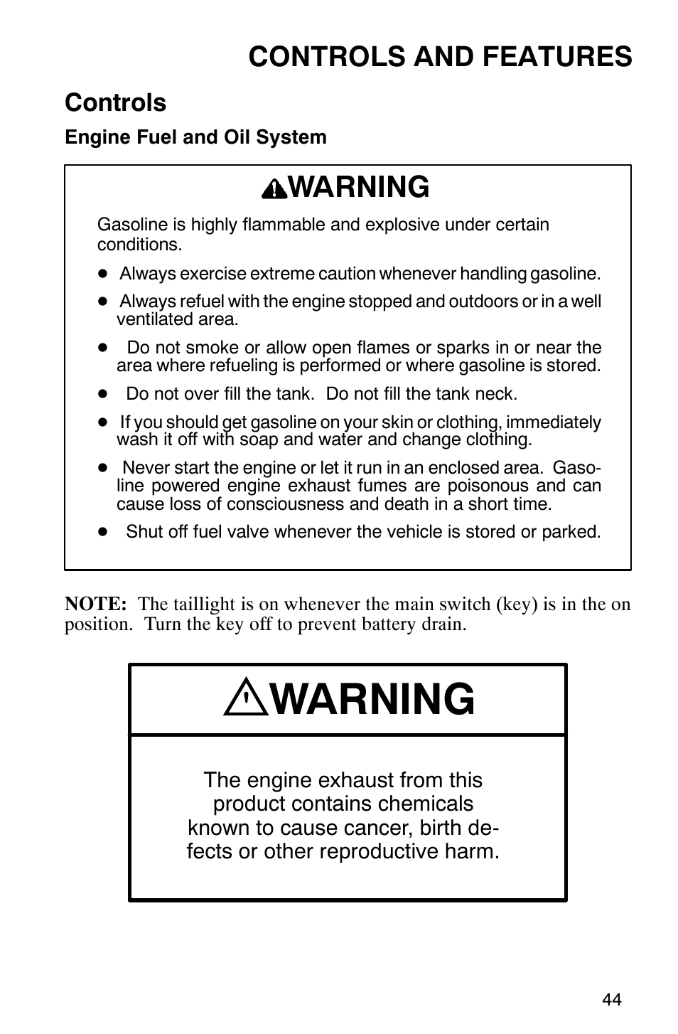 Warning, Controls and features, Controls | Polaris 2002 ATV Sportsman 6X6 User Manual | Page 47 / 131