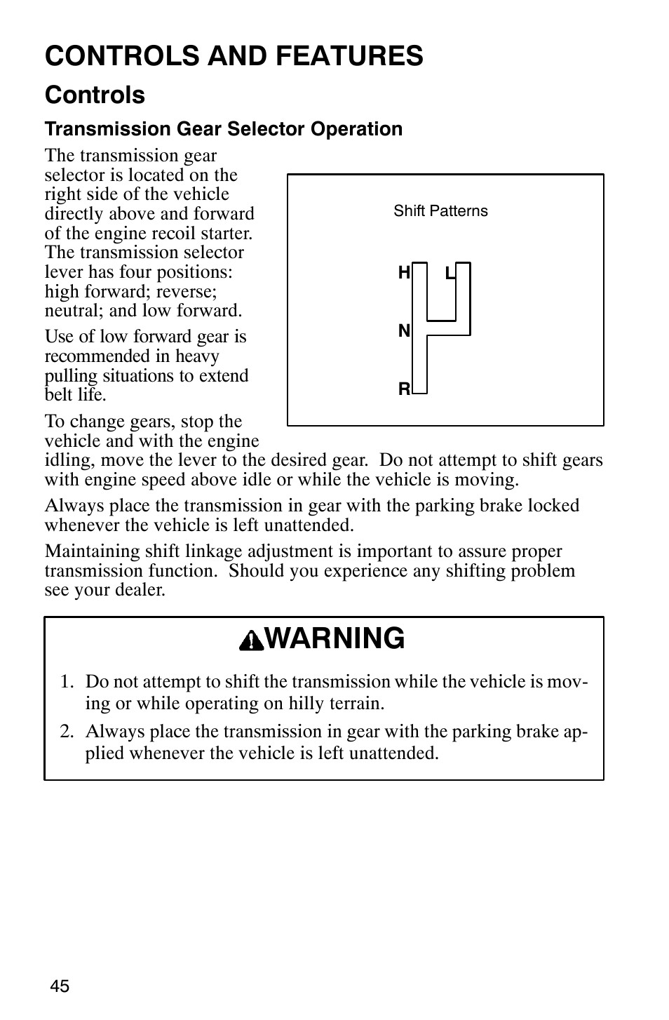 Warning, Controls and features, Controls | Polaris 2002 ATV Sportsman 6X6 User Manual | Page 48 / 131