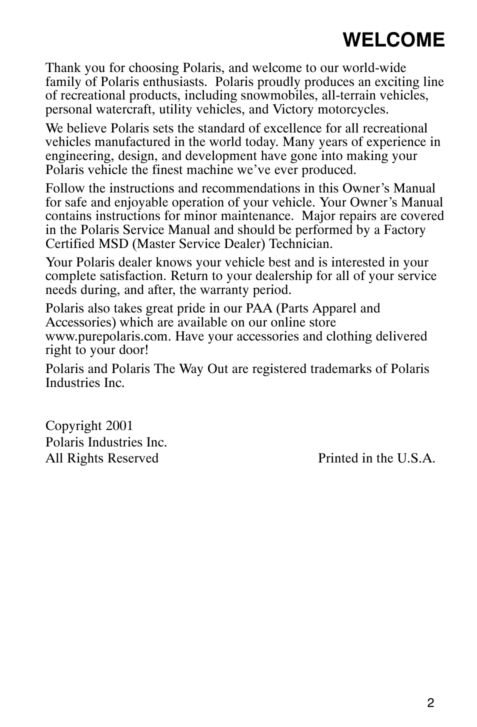 Welcome | Polaris 2002 ATV Sportsman 6X6 User Manual | Page 5 / 131