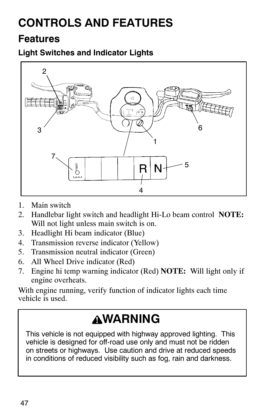 Warning, Controls and features, Features | Polaris 2002 ATV Sportsman 6X6 User Manual | Page 50 / 131