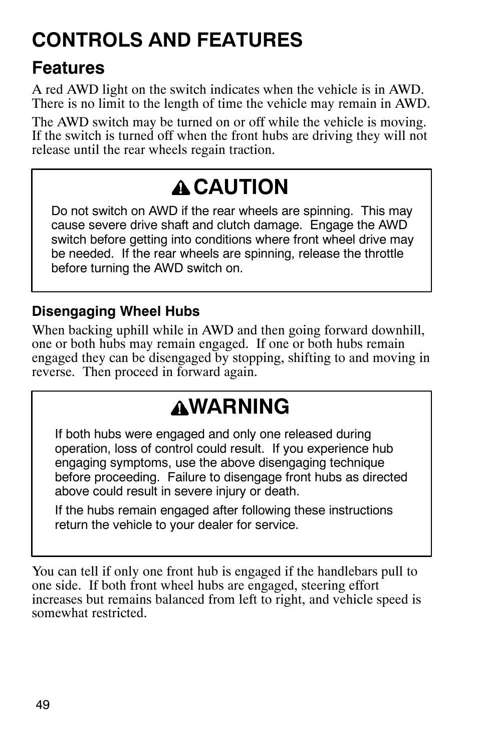 Caution, Warning, Controls and features | Features | Polaris 2002 ATV Sportsman 6X6 User Manual | Page 52 / 131