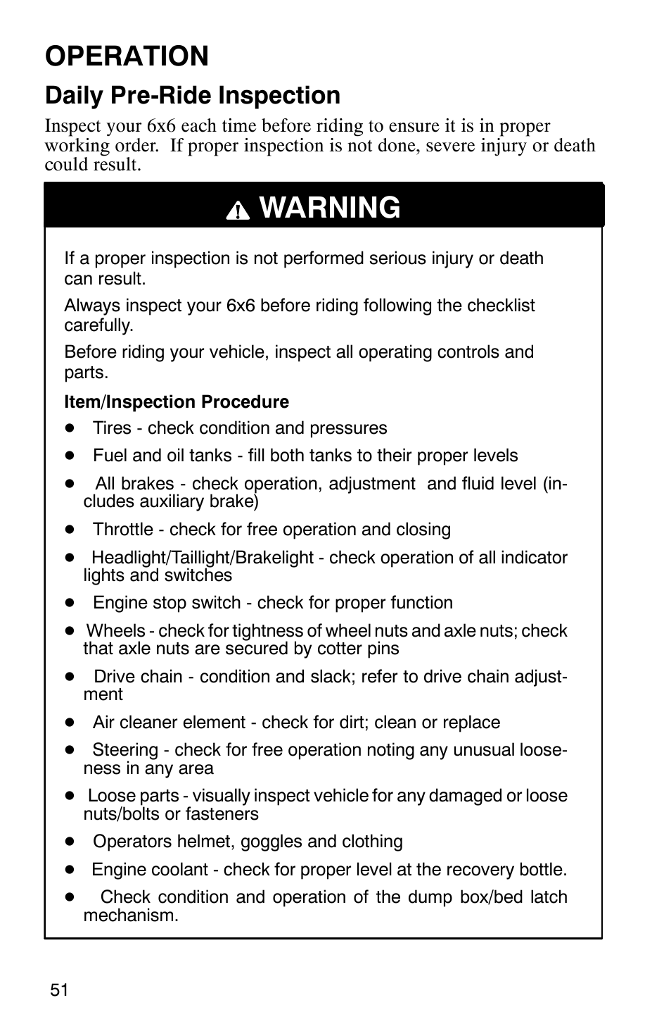 Warning, Operation, Daily pre-ride inspection | Polaris 2002 ATV Sportsman 6X6 User Manual | Page 54 / 131