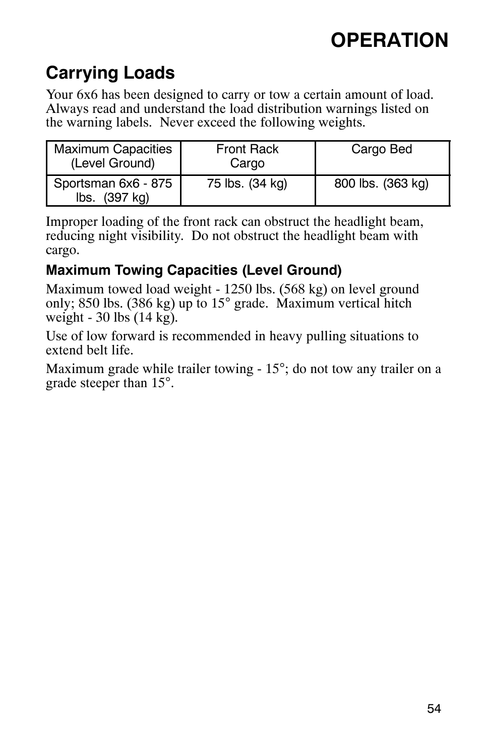 Operation, Carrying loads | Polaris 2002 ATV Sportsman 6X6 User Manual | Page 57 / 131