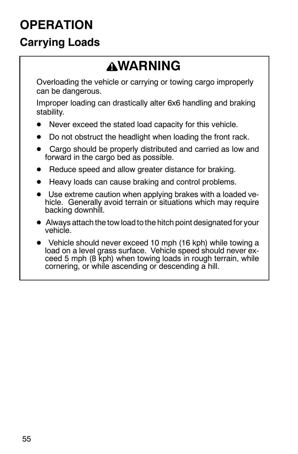 Warning, Operation, Carrying loads | Polaris 2002 ATV Sportsman 6X6 User Manual | Page 58 / 131