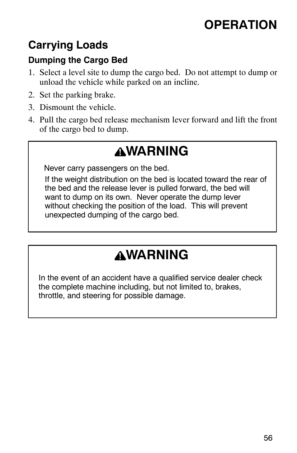 Warning, Operation, Carrying loads | Polaris 2002 ATV Sportsman 6X6 User Manual | Page 59 / 131