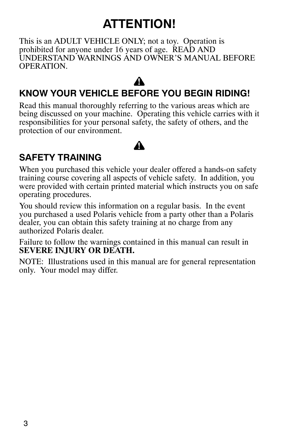 Attention | Polaris 2002 ATV Sportsman 6X6 User Manual | Page 6 / 131