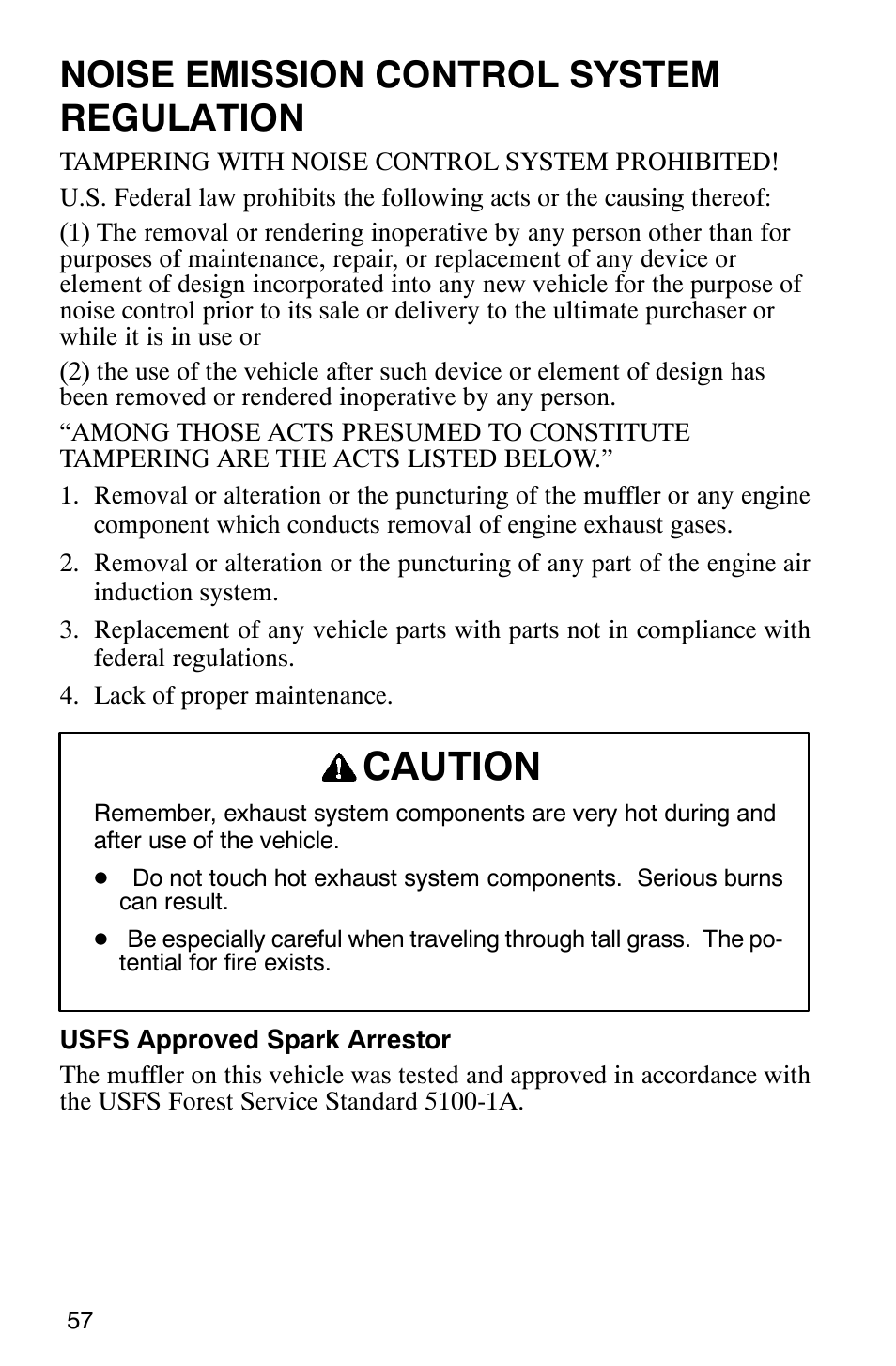 Caution, Noise emission control system regulation | Polaris 2002 ATV Sportsman 6X6 User Manual | Page 60 / 131