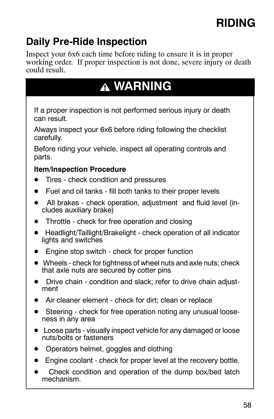 Warning, Riding, Daily pre-ride inspection | Polaris 2002 ATV Sportsman 6X6 User Manual | Page 61 / 131