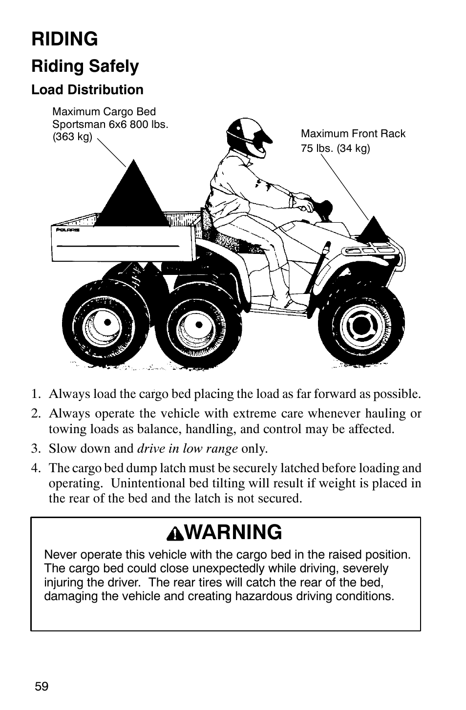 Warning, Riding, Riding safely | Polaris 2002 ATV Sportsman 6X6 User Manual | Page 62 / 131