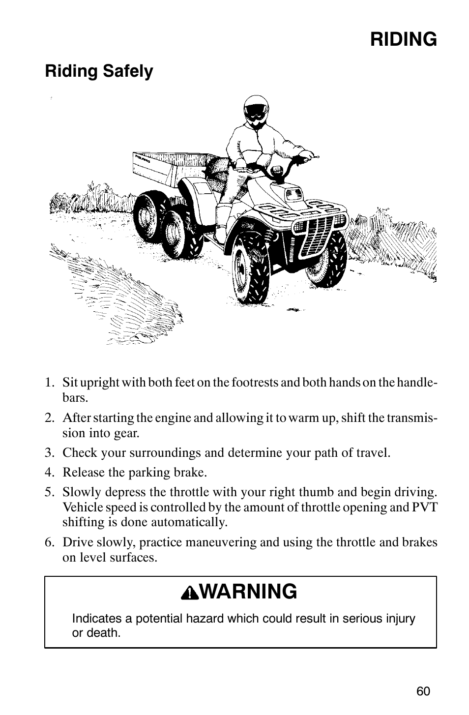 Warning, Riding, Riding safely | Polaris 2002 ATV Sportsman 6X6 User Manual | Page 63 / 131