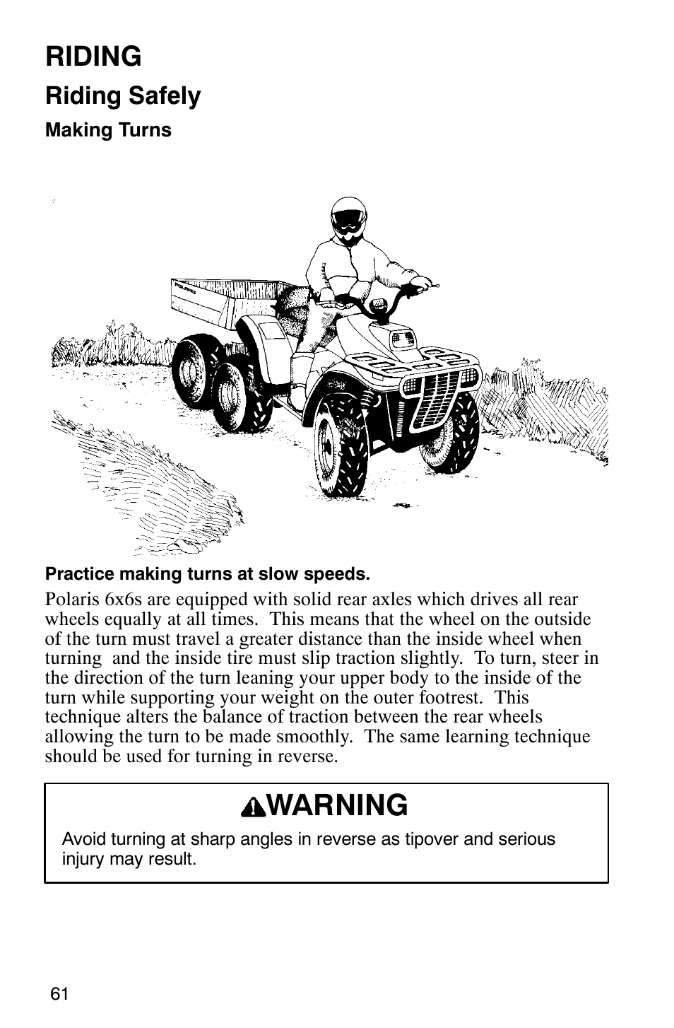 Warning, Riding, Riding safely | Polaris 2002 ATV Sportsman 6X6 User Manual | Page 64 / 131