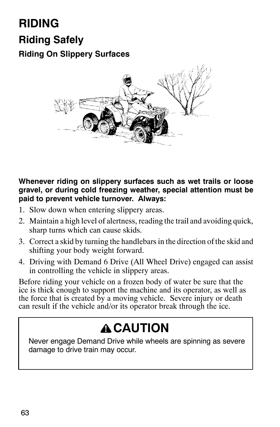 Caution, Riding, Riding safely | Polaris 2002 ATV Sportsman 6X6 User Manual | Page 66 / 131