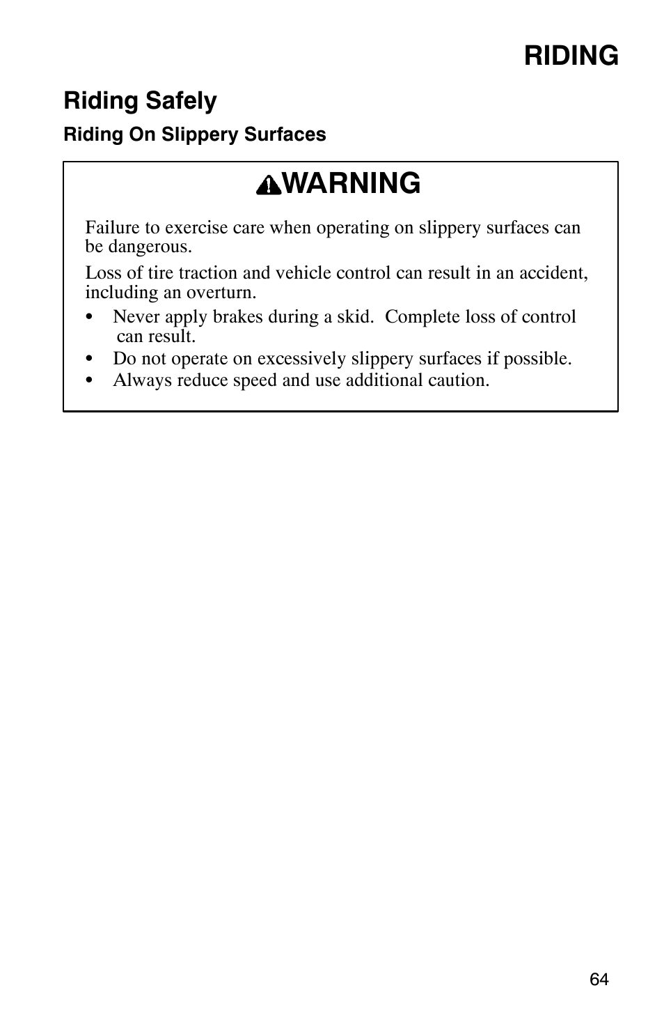 Warning, Riding, Riding safely | Polaris 2002 ATV Sportsman 6X6 User Manual | Page 67 / 131