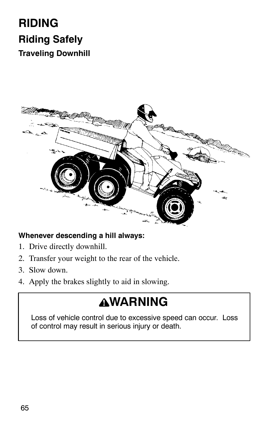 Warning, Riding, Riding safely | Polaris 2002 ATV Sportsman 6X6 User Manual | Page 68 / 131