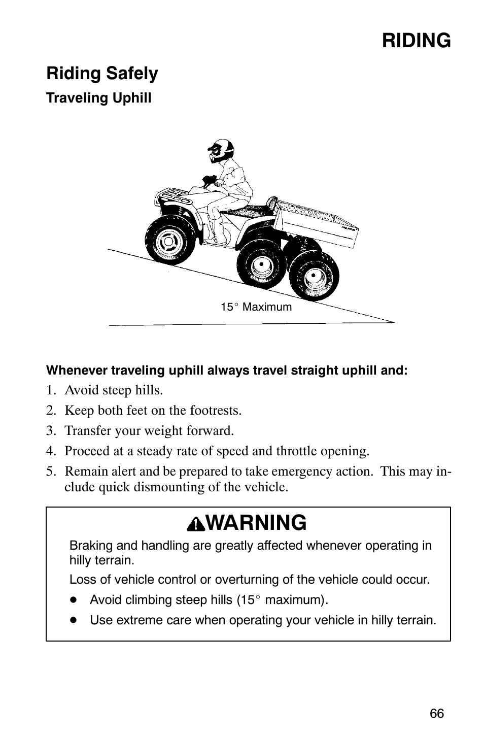 Warning, Riding, Riding safely | Polaris 2002 ATV Sportsman 6X6 User Manual | Page 69 / 131