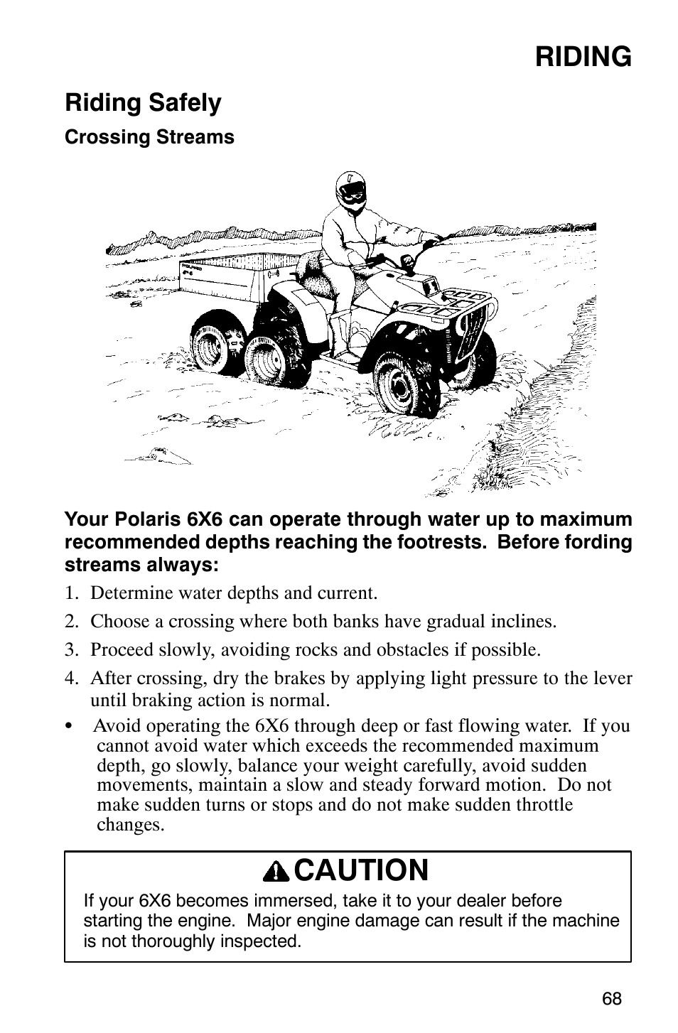 Caution, Riding, Riding safely | Polaris 2002 ATV Sportsman 6X6 User Manual | Page 71 / 131