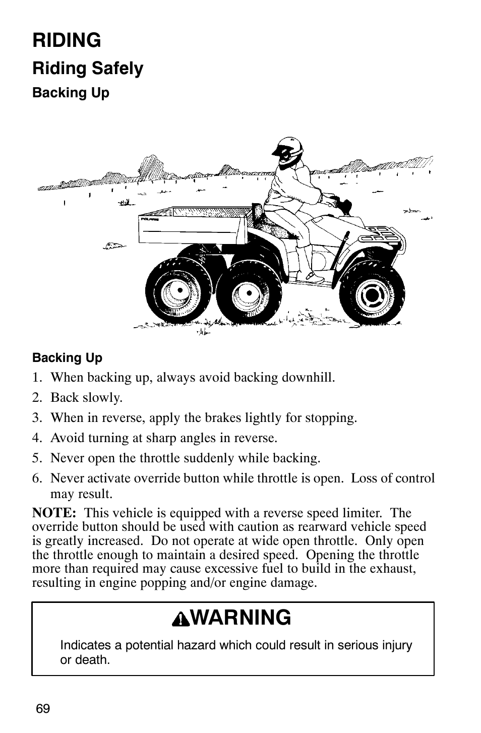 Warning, Riding, Riding safely | Polaris 2002 ATV Sportsman 6X6 User Manual | Page 72 / 131