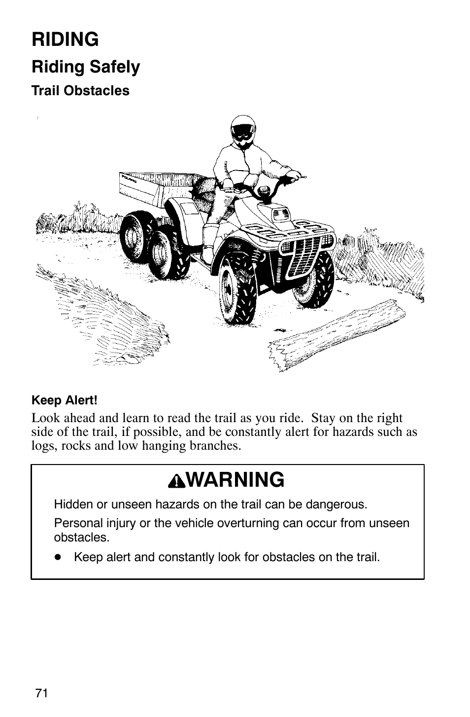 Warning, Riding, Riding safely | Polaris 2002 ATV Sportsman 6X6 User Manual | Page 74 / 131