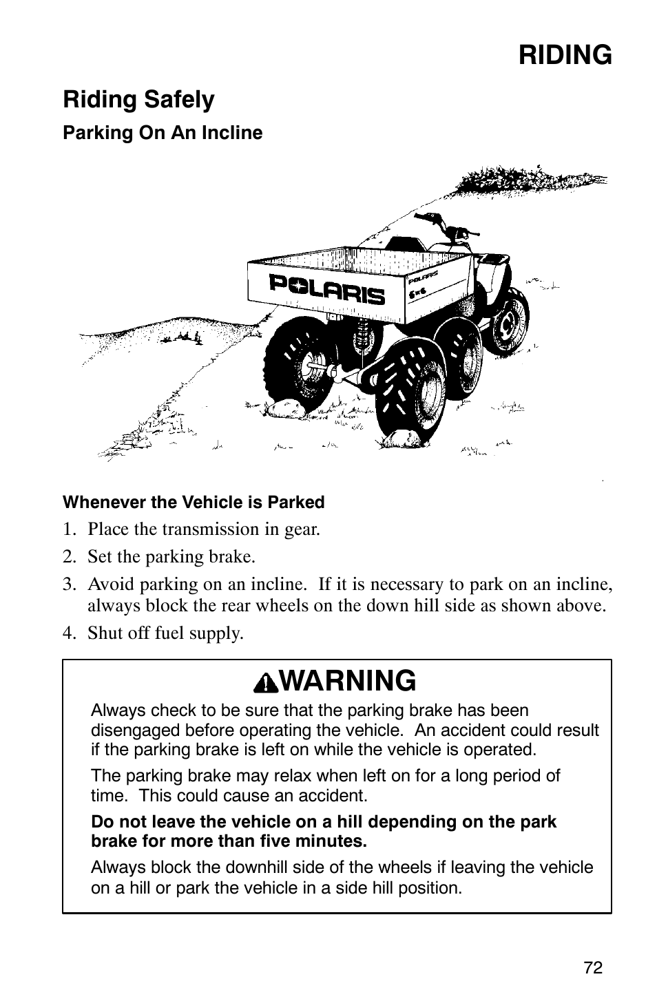 Warning, Riding, Riding safely | Polaris 2002 ATV Sportsman 6X6 User Manual | Page 75 / 131