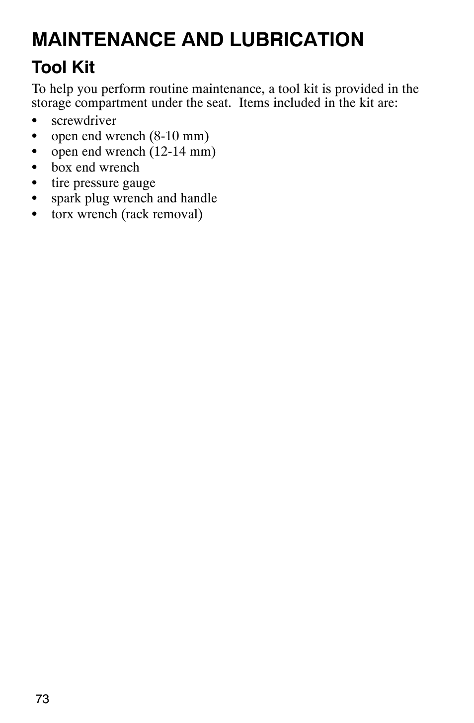 Maintenance and lubrication, Tool kit | Polaris 2002 ATV Sportsman 6X6 User Manual | Page 76 / 131