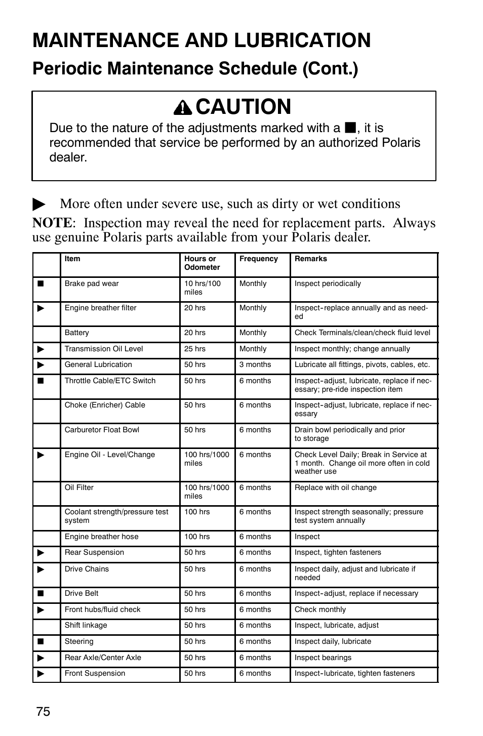 Caution, Maintenance and lubrication, Periodic maintenance schedule (cont.) | Due to the nature of the adjustments marked with a | Polaris 2002 ATV Sportsman 6X6 User Manual | Page 78 / 131