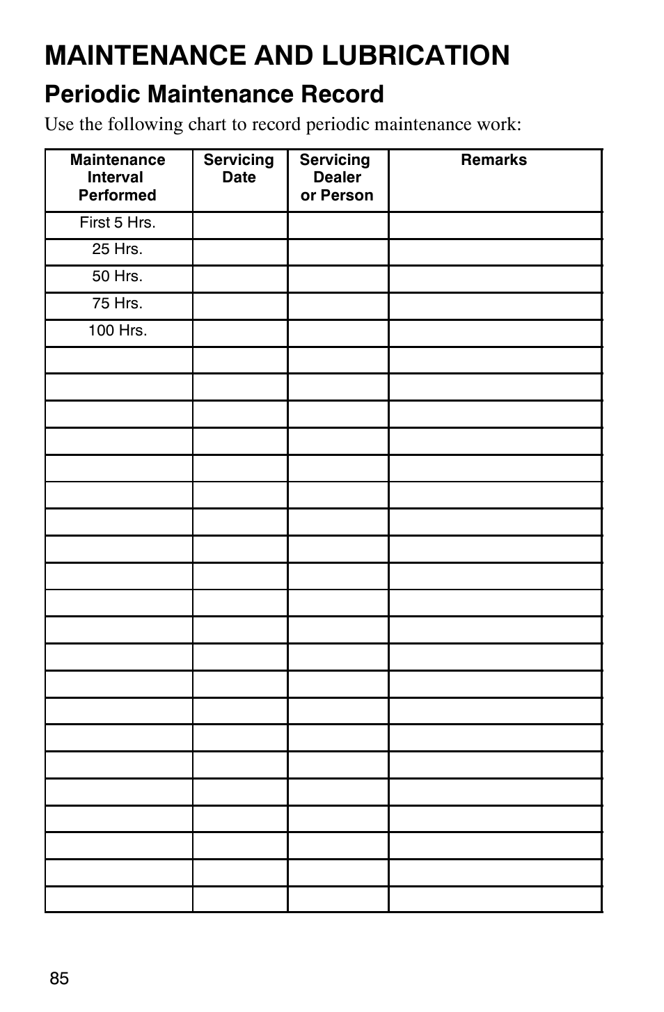 Maintenance and lubrication, Periodic maintenance record | Polaris 2002 ATV Sportsman 6X6 User Manual | Page 88 / 131