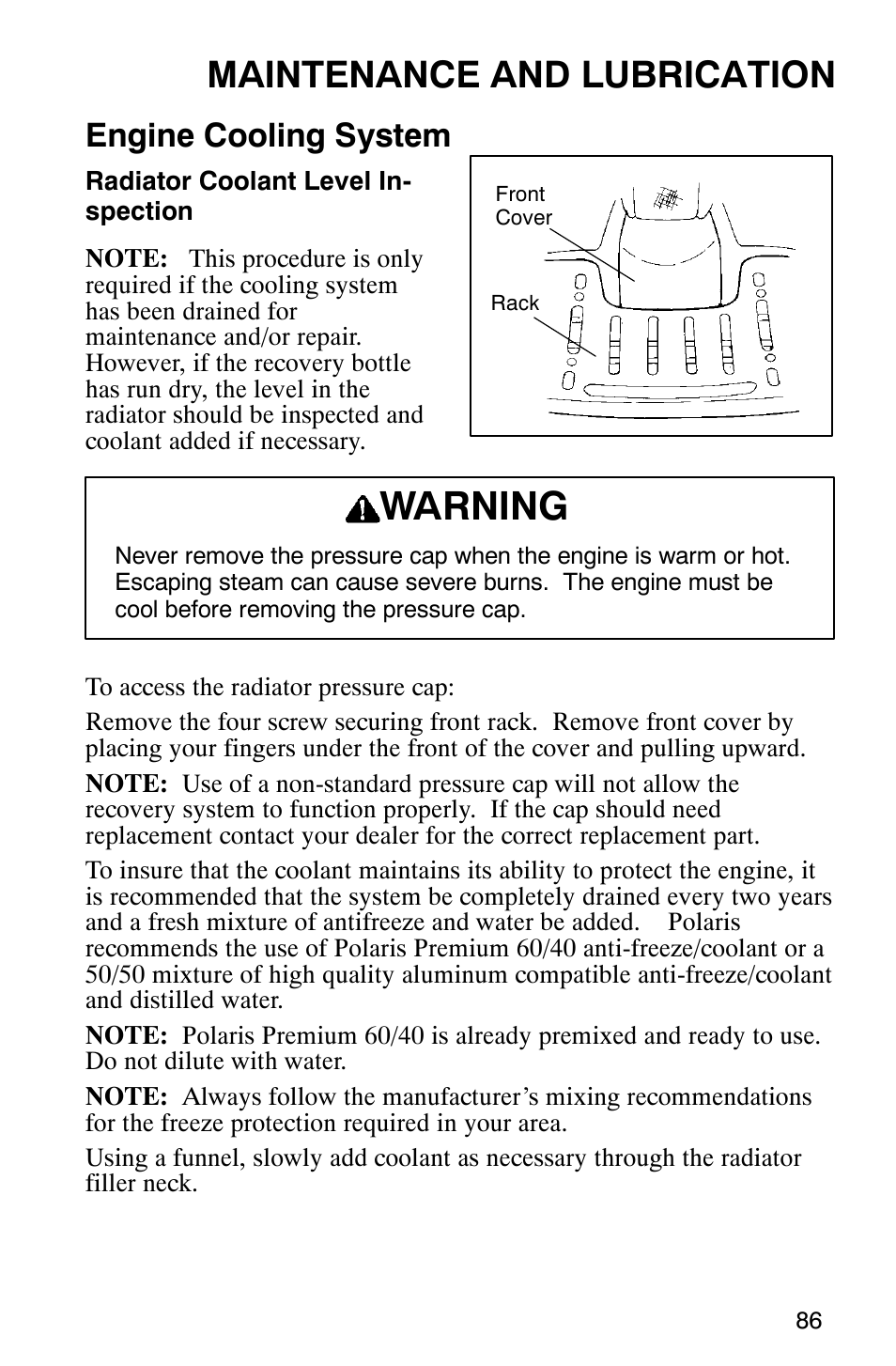 Warning, Maintenance and lubrication, Engine cooling system | Polaris 2002 ATV Sportsman 6X6 User Manual | Page 89 / 131