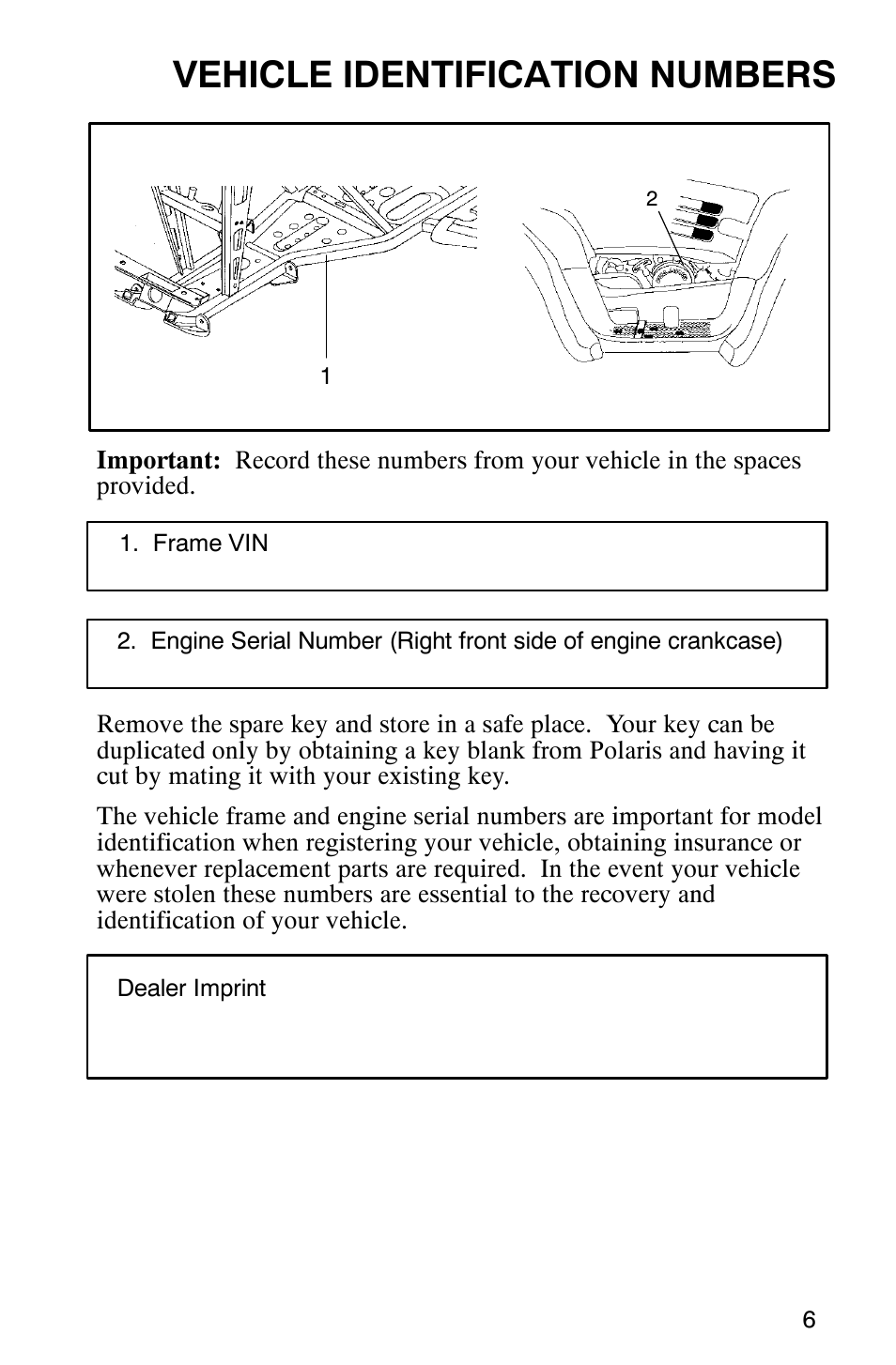 Vehicle identification numbers | Polaris 2002 ATV Sportsman 6X6 User Manual | Page 9 / 131
