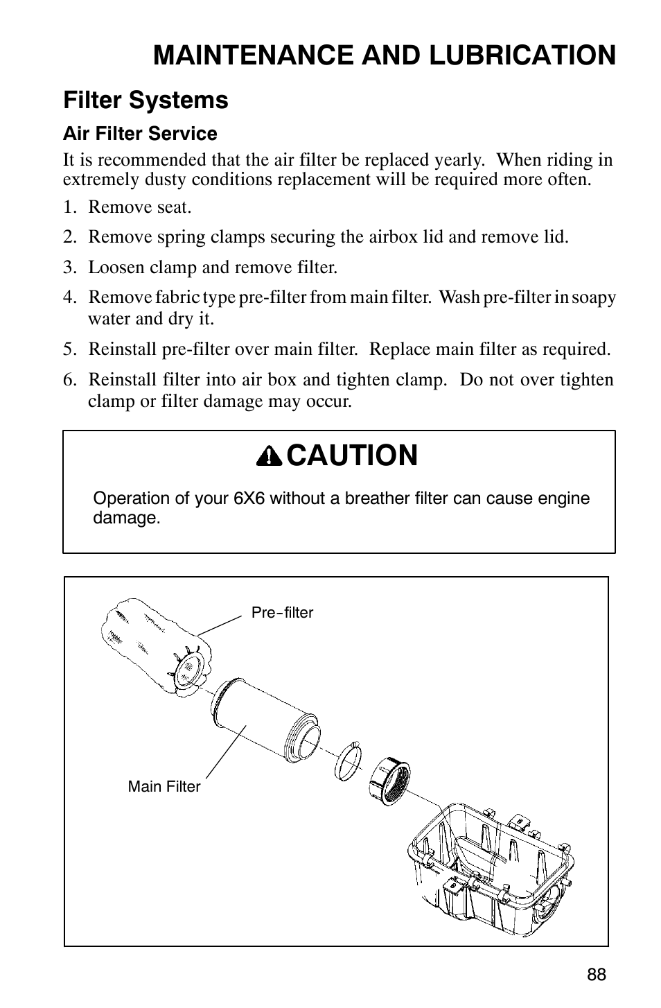 Caution, Maintenance and lubrication, Filter systems | Polaris 2002 ATV Sportsman 6X6 User Manual | Page 91 / 131