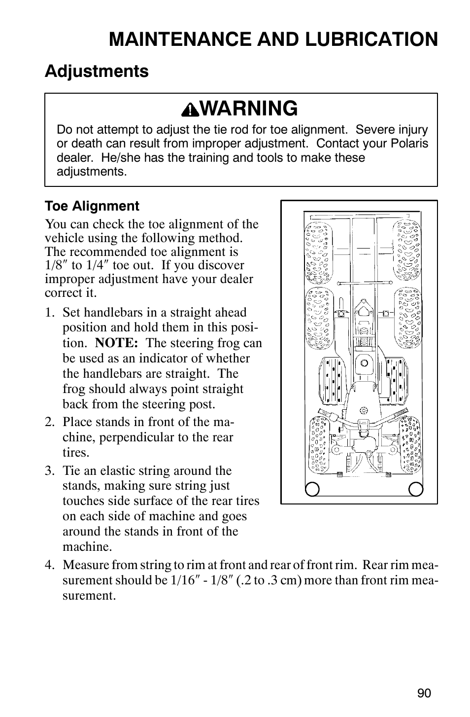 Warning, Maintenance and lubrication, Adjustments | Polaris 2002 ATV Sportsman 6X6 User Manual | Page 93 / 131