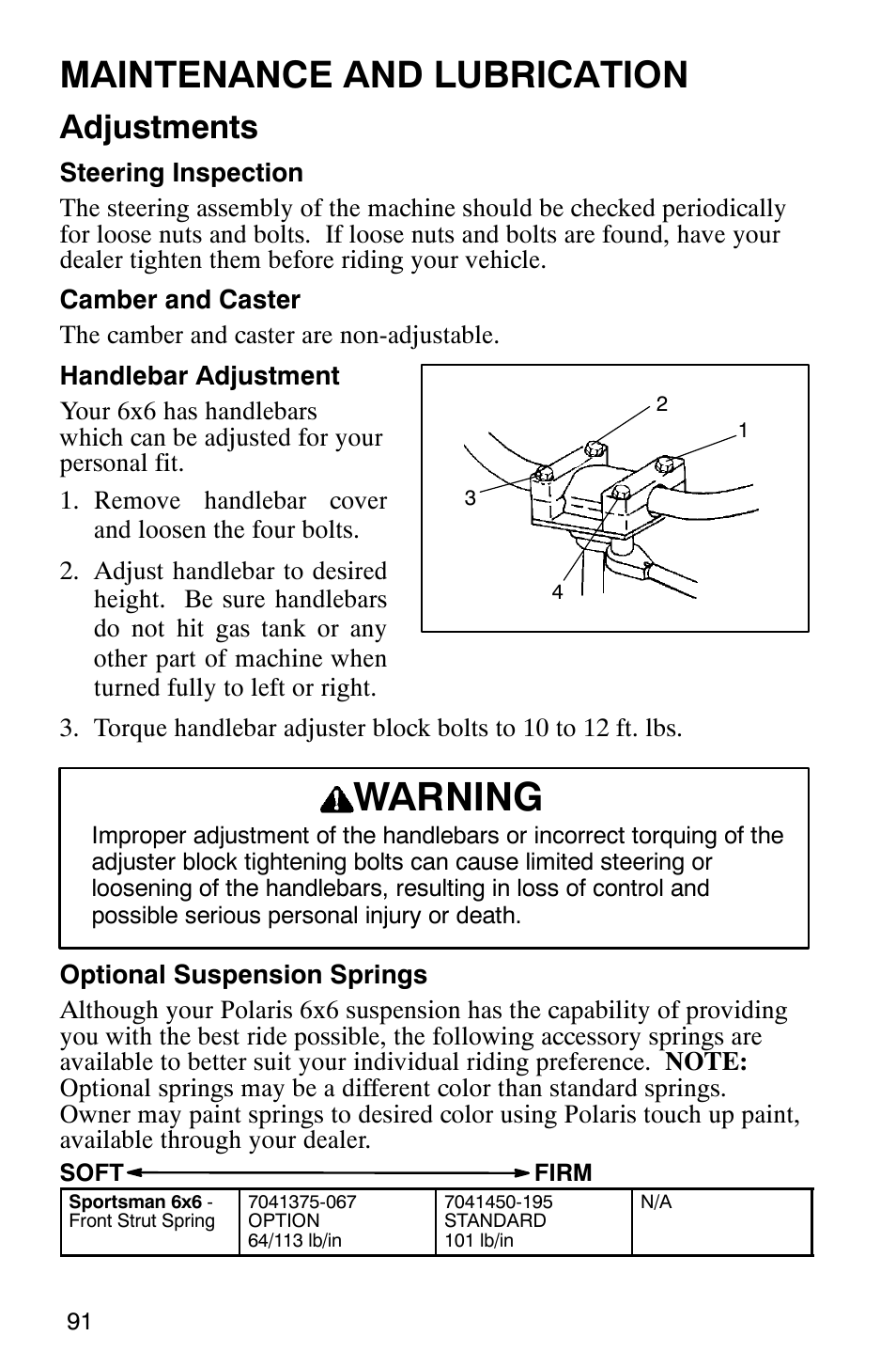 Warning, Maintenance and lubrication, Adjustments | Polaris 2002 ATV Sportsman 6X6 User Manual | Page 94 / 131