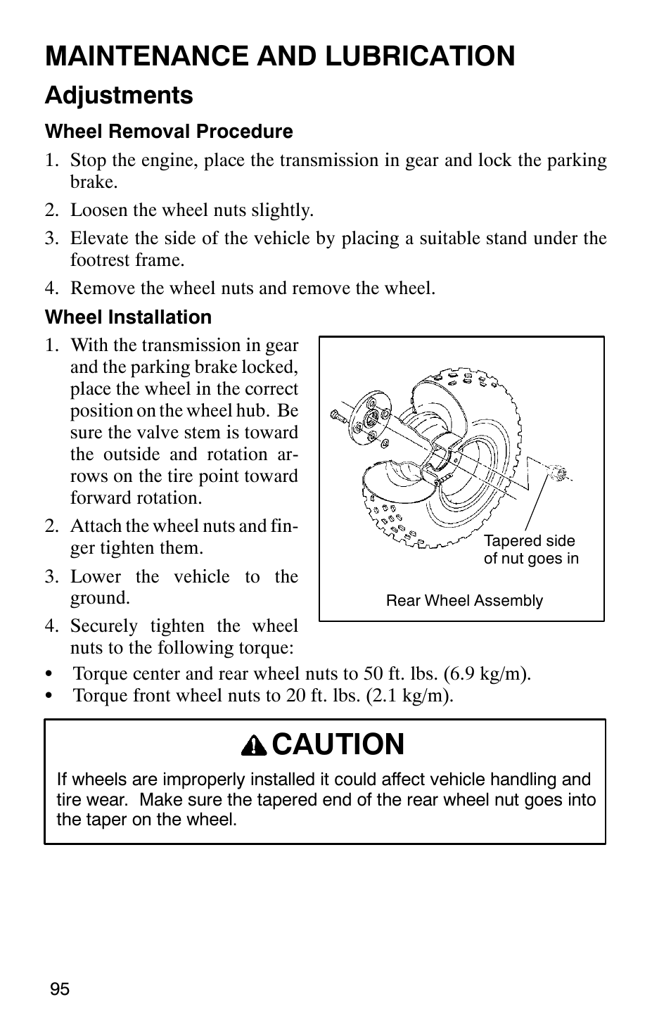 Caution, Maintenance and lubrication, Adjustments | Polaris 2002 ATV Sportsman 6X6 User Manual | Page 98 / 131