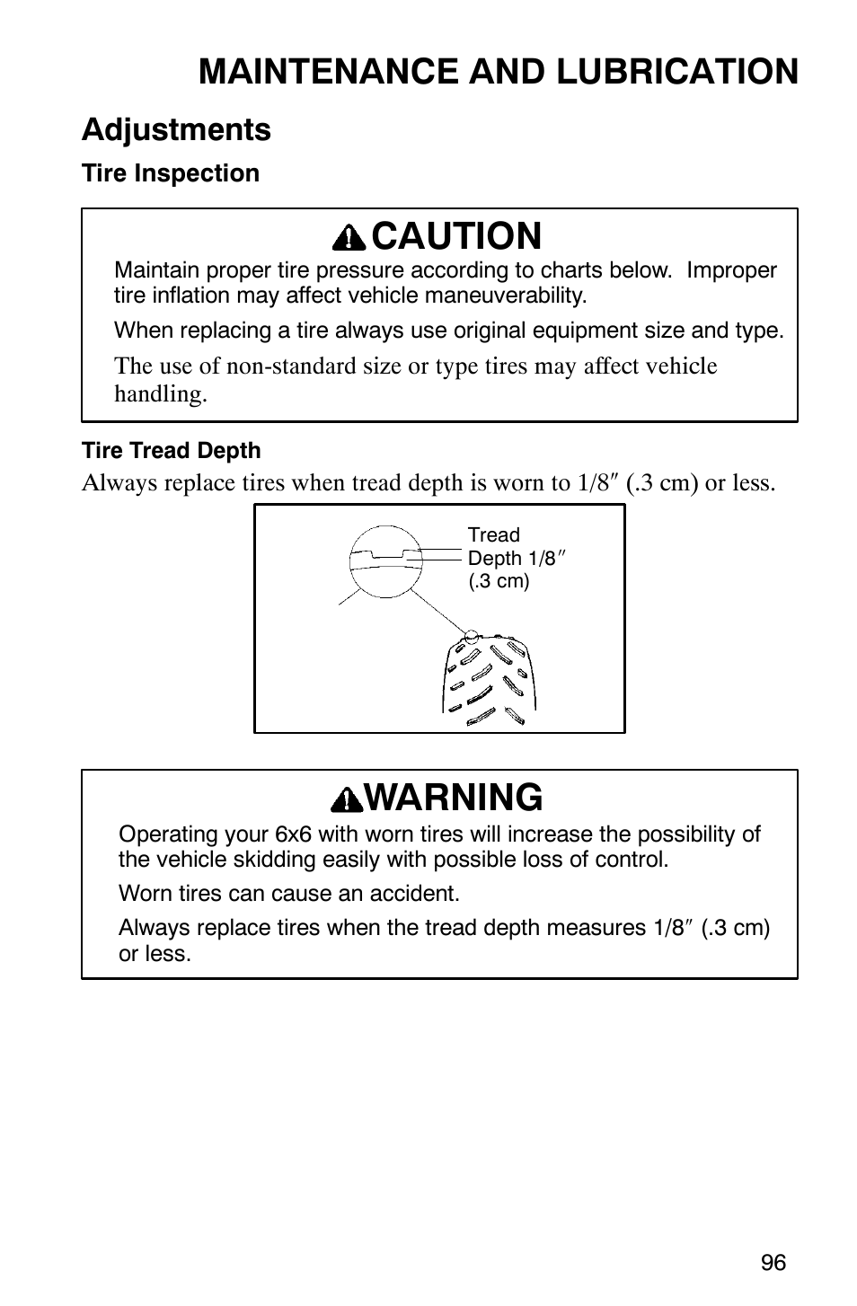 Caution, Warning, Maintenance and lubrication | Adjustments | Polaris 2002 ATV Sportsman 6X6 User Manual | Page 99 / 131