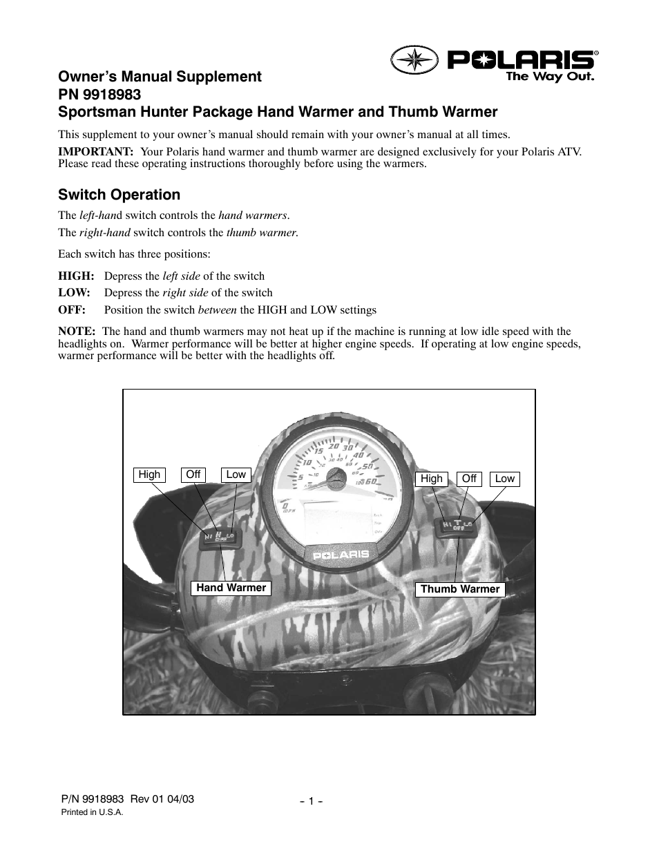 Polaris 2004 ATV Sportsman Hunter Package User Manual | 1 page