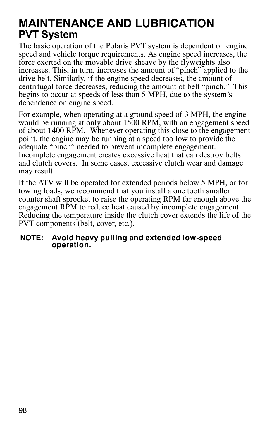 Maintenance and lubrication, Pvt system | Polaris 2005 ATV Scrambler 500 4X4 User Manual | Page 101 / 123