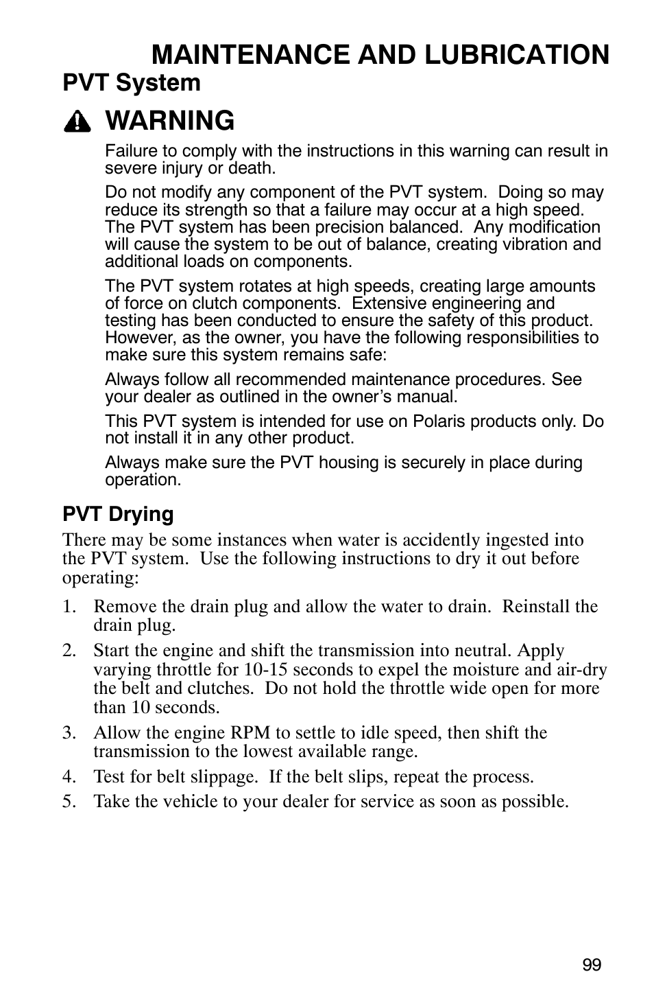 Maintenance and lubrication, Warning, Pvt system | Polaris 2005 ATV Scrambler 500 4X4 User Manual | Page 102 / 123