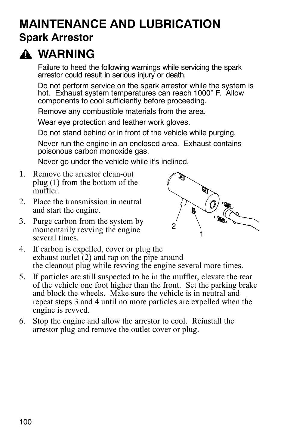 Maintenance and lubrication, Warning, Spark arrestor | Polaris 2005 ATV Scrambler 500 4X4 User Manual | Page 103 / 123