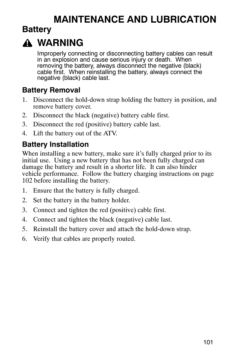 Maintenance and lubrication, Warning, Battery | Polaris 2005 ATV Scrambler 500 4X4 User Manual | Page 104 / 123