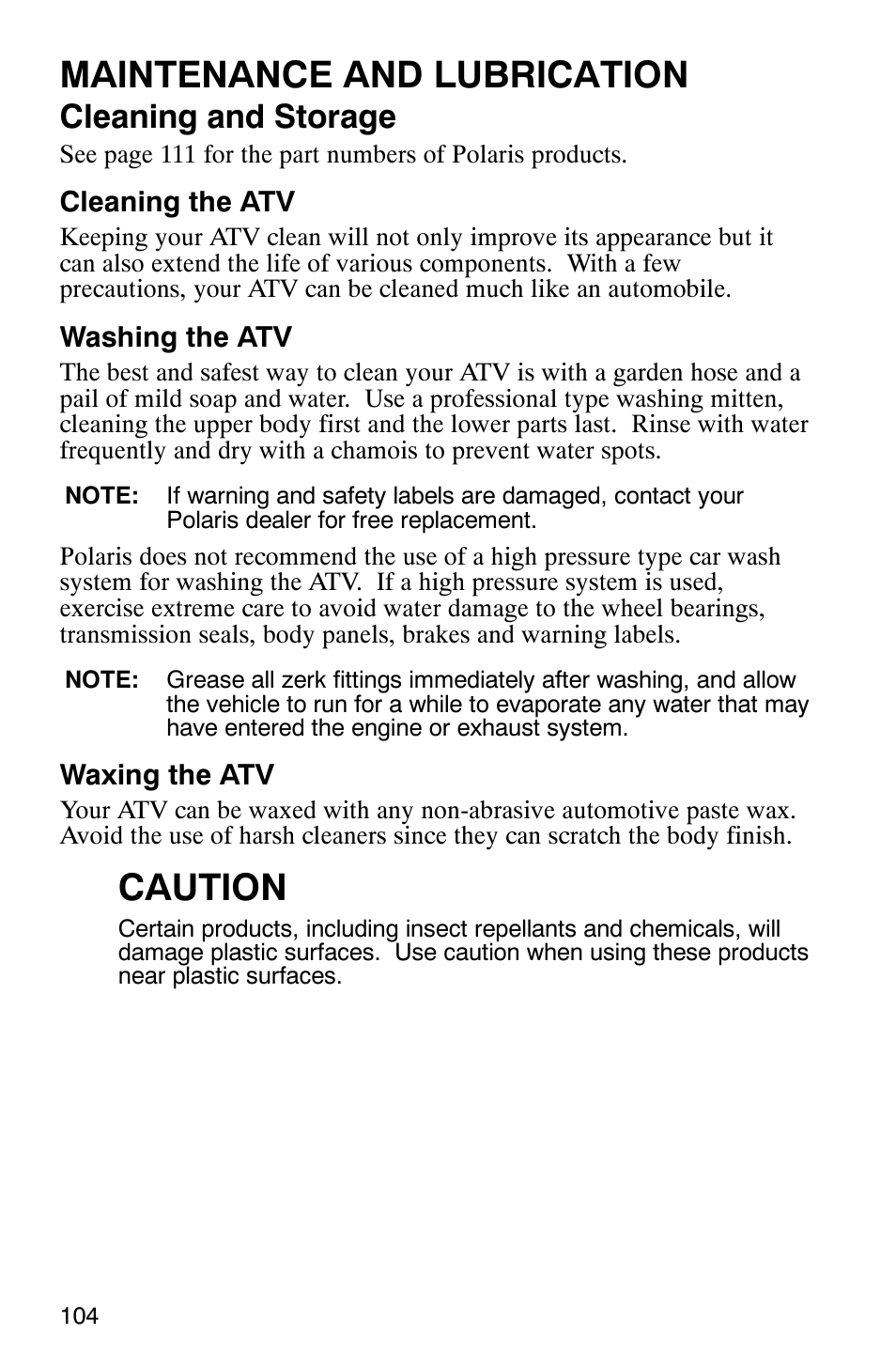 Maintenance and lubrication, Caution, Cleaning and storage | Polaris 2005 ATV Scrambler 500 4X4 User Manual | Page 107 / 123