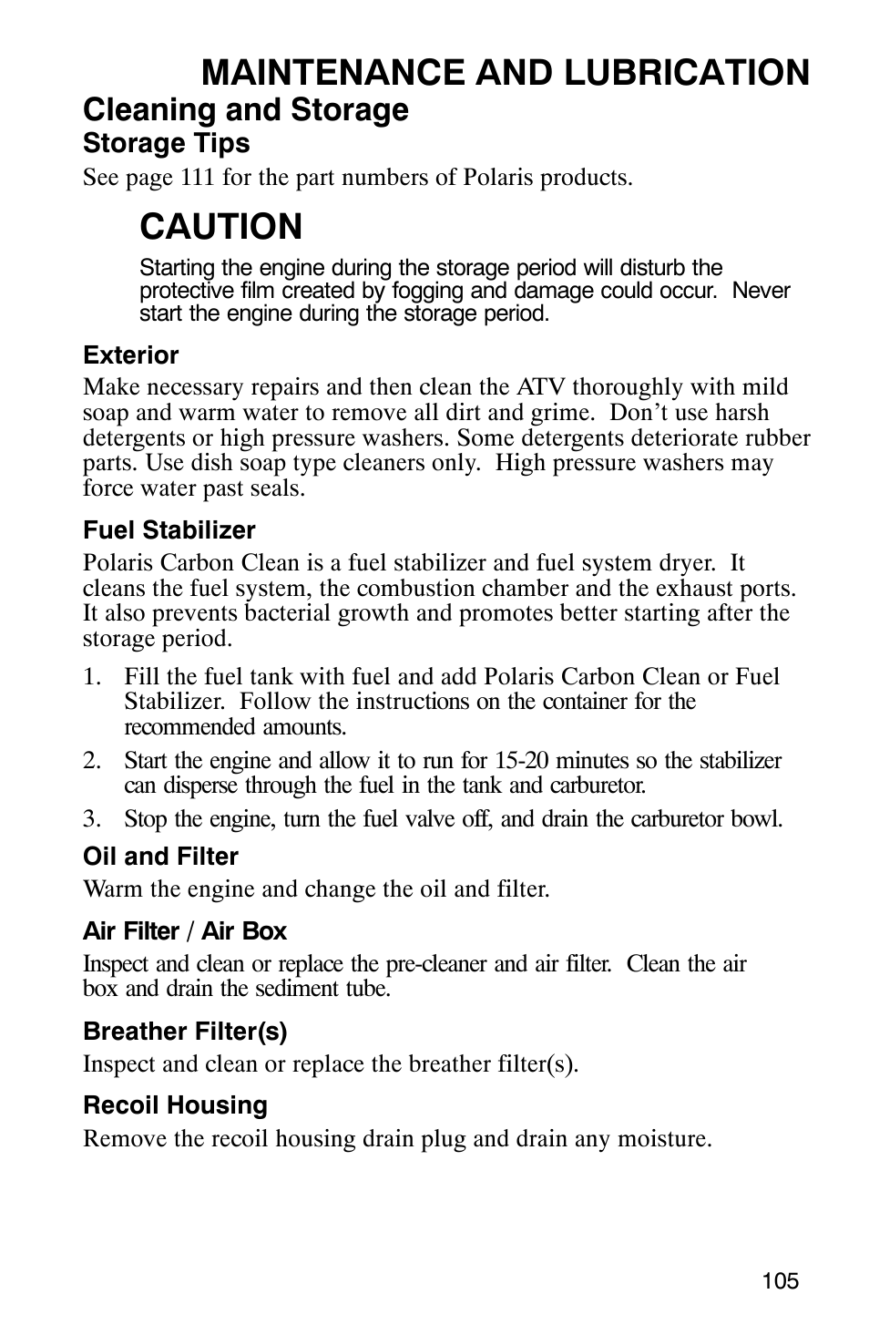 Maintenance and lubrication, Caution, Cleaning and storage | Polaris 2005 ATV Scrambler 500 4X4 User Manual | Page 108 / 123