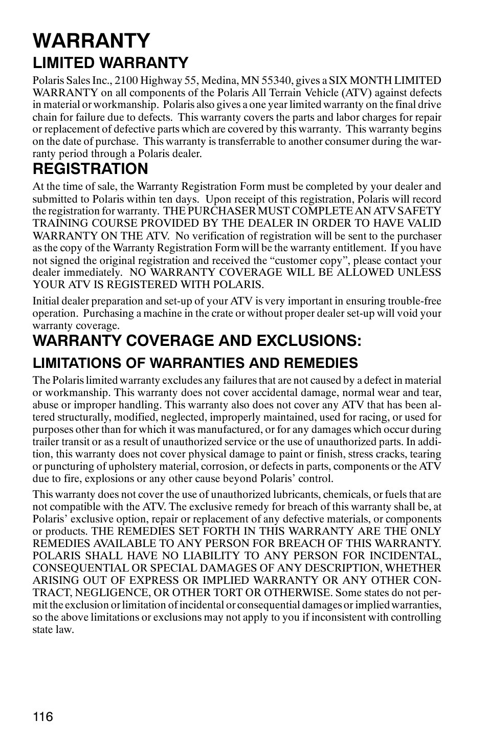 Warranty, Limited warranty, Registration | Warranty coverage and exclusions, Limitations of warranties and remedies | Polaris 2005 ATV Scrambler 500 4X4 User Manual | Page 119 / 123