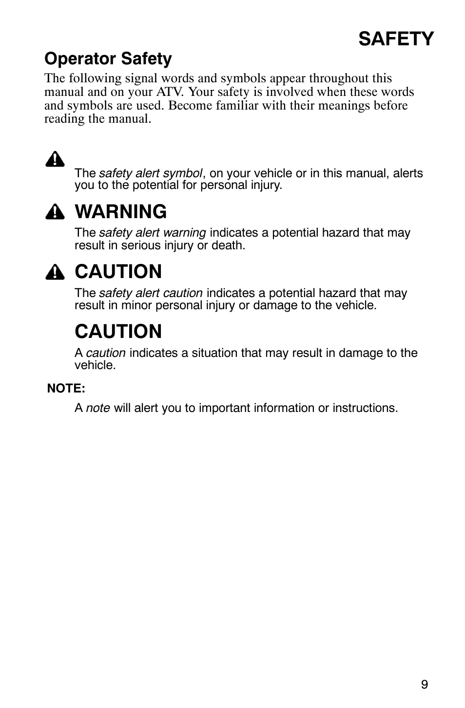 Safety, Warning, Caution | Operator safety | Polaris 2005 ATV Scrambler 500 4X4 User Manual | Page 12 / 123