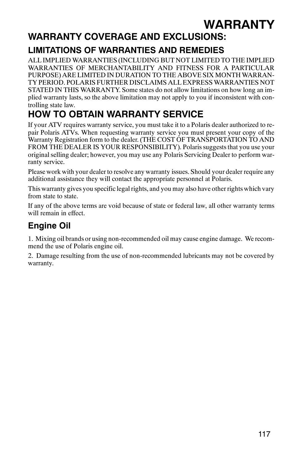 Warranty, Warranty coverage and exclusions, How to obtain warranty service | Polaris 2005 ATV Scrambler 500 4X4 User Manual | Page 120 / 123