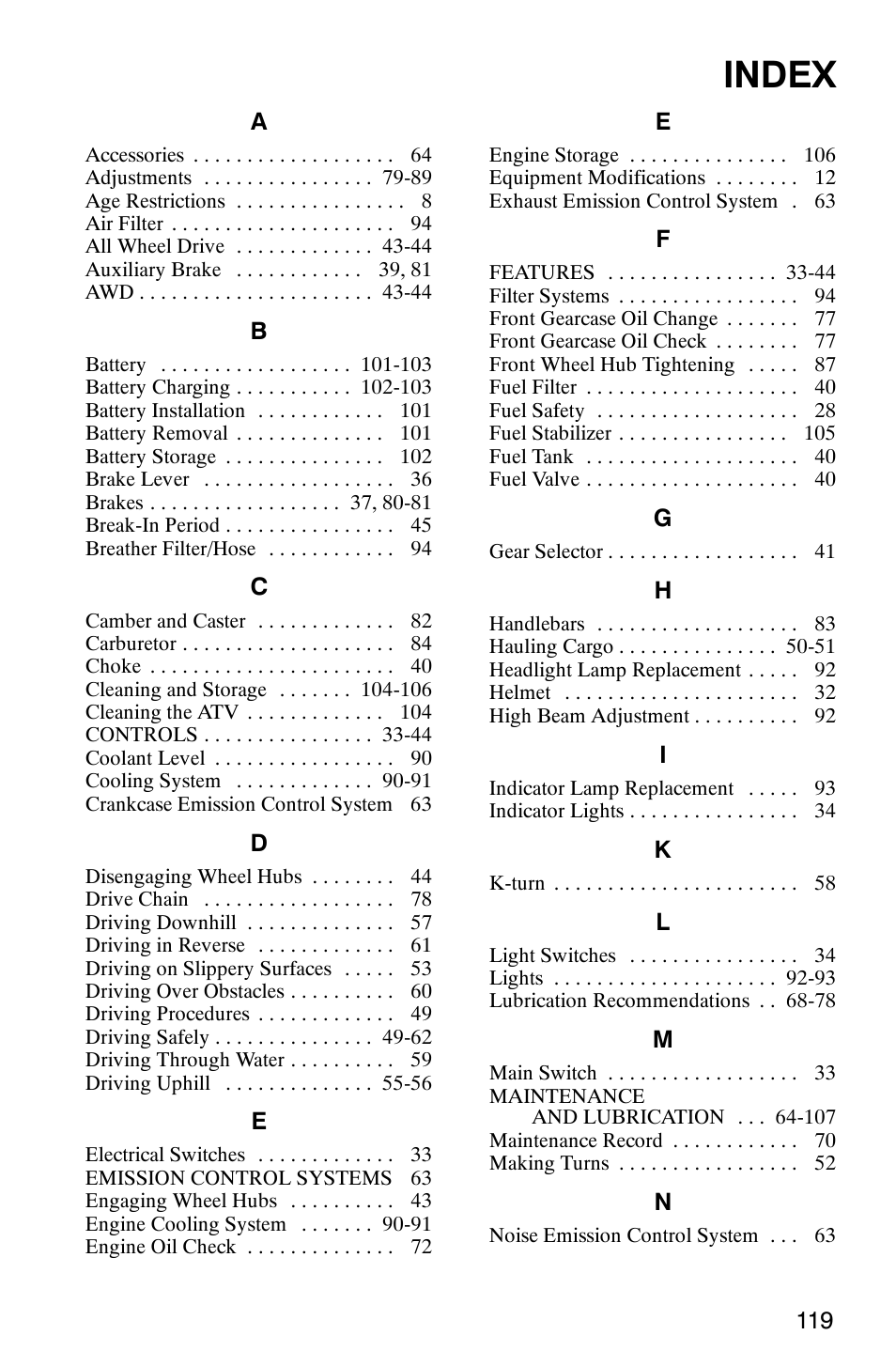 Index | Polaris 2005 ATV Scrambler 500 4X4 User Manual | Page 122 / 123