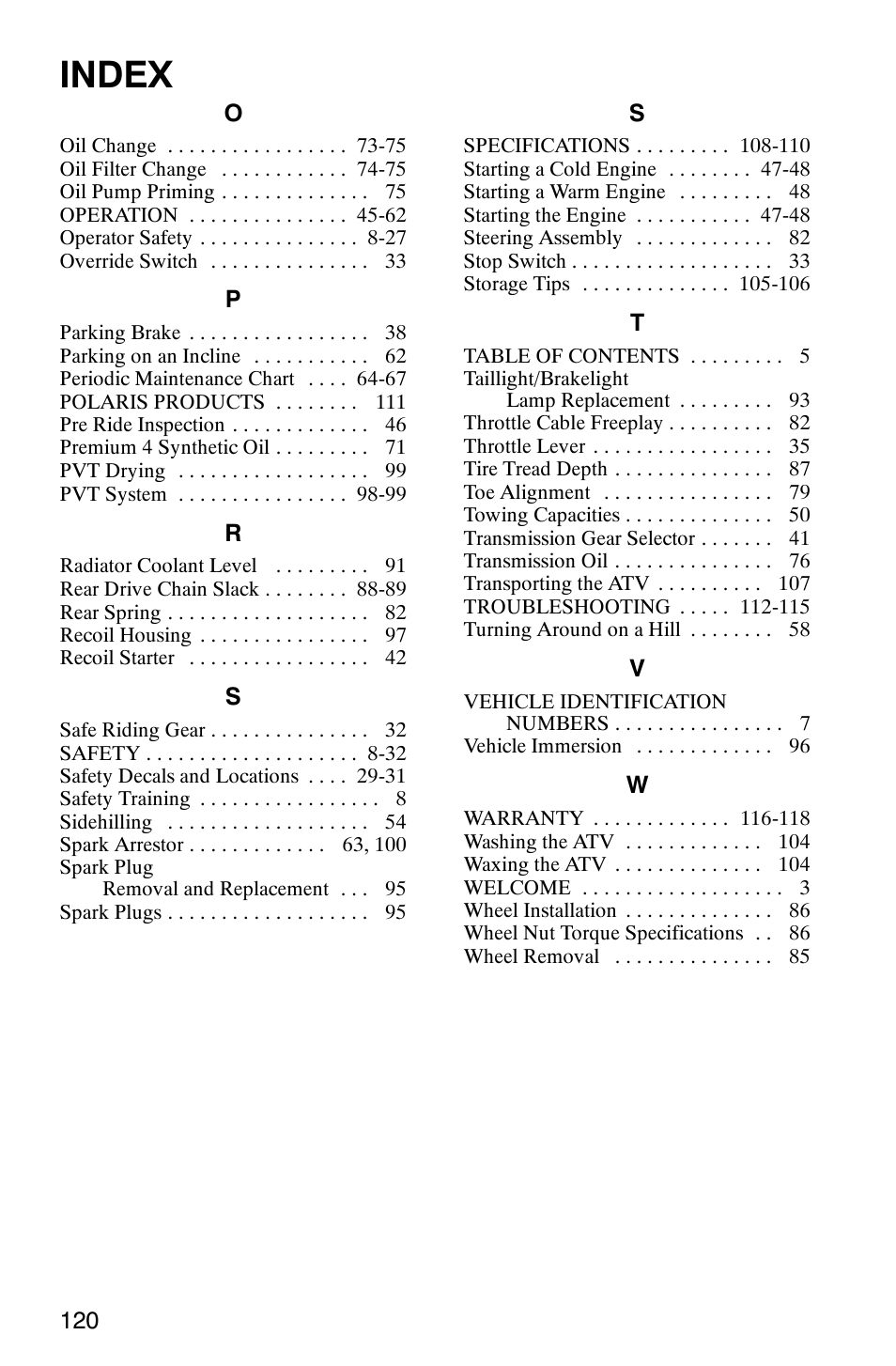 Index | Polaris 2005 ATV Scrambler 500 4X4 User Manual | Page 123 / 123