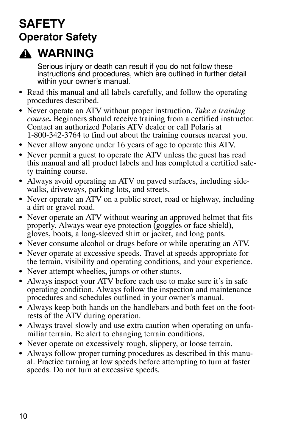 Safety, Warning, Operator safety | Polaris 2005 ATV Scrambler 500 4X4 User Manual | Page 13 / 123