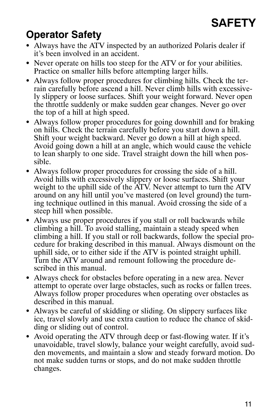 Safety, Operator safety | Polaris 2005 ATV Scrambler 500 4X4 User Manual | Page 14 / 123