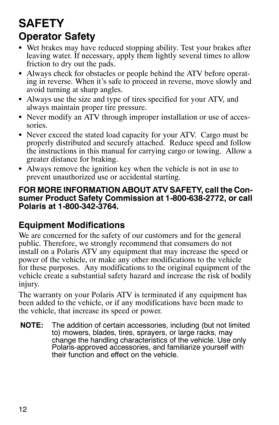 Safety, Operator safety | Polaris 2005 ATV Scrambler 500 4X4 User Manual | Page 15 / 123